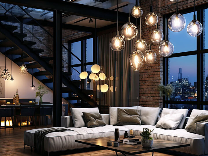 Trendy living room and dining area in a modern loft style apartment with stylish incandescent lighting fixture and lamps