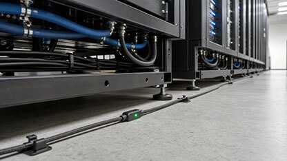 Compact leak detection cable installed beneath liquid-cooled server racks, for data center efficiency, power systems and cooling technology 