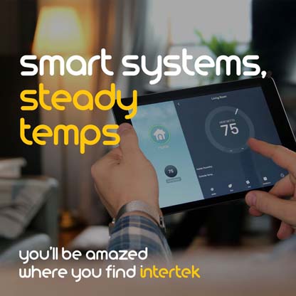 A person interacting with a table-based home heating and cooling system